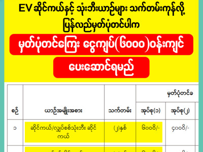 EV ဆိုင်ကယ်နှင့် သုံးဘီးယာဉ်များ သက်တမ်းကုန်လို့ ပြန်လည်မှတ်ပုံတင်ပါက မှတ်ပုံတင်ကြေး ငွေကျပ် (၆၀၀၀) ဝန်းကျင်ပေးဆောင်ရမည်