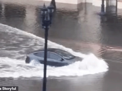 Electric shock! Watch as foolish Tesla Model 3 driver plows EV through deep flood waters in San Diego and emerges unscathed - despite manufacturer warning that water damage is not covered by car's warranty