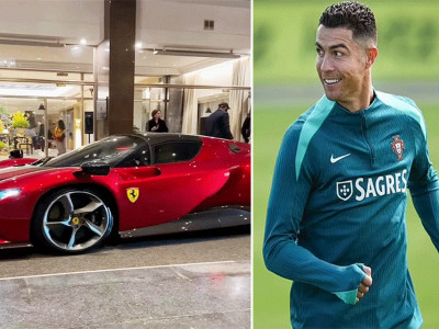 Cristiano Ronaldo shows off his new £2m Ferrari, the latest addition to his £18m supercar collection, as the star parades the 'spaceship' in Portugal while on international duty